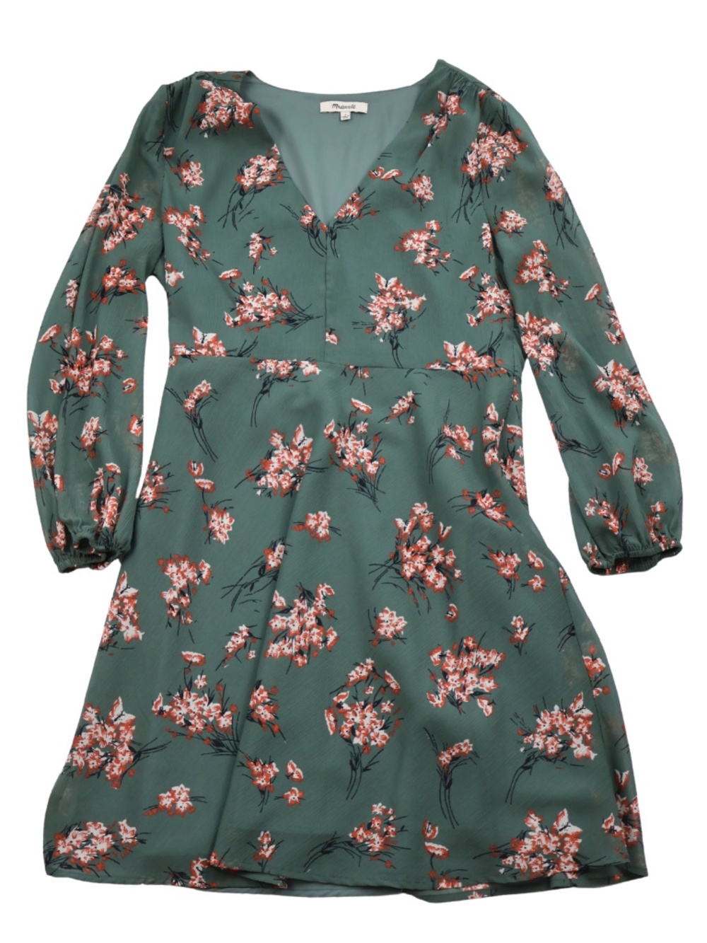 Madewell Dress 4 Sage Green Floral V Neck Long Sleeve Mini Fit Flare